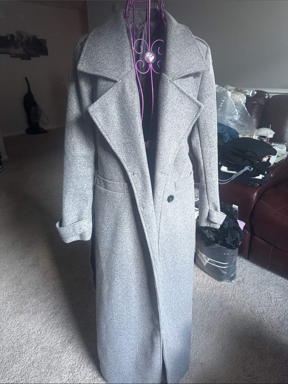 Silquee Women's Long Gray Trench Coat with Wide Lapels